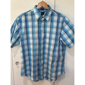 Men's GAP Blue White Plaid Fitted Short Sleeve Button Down Shirt L
